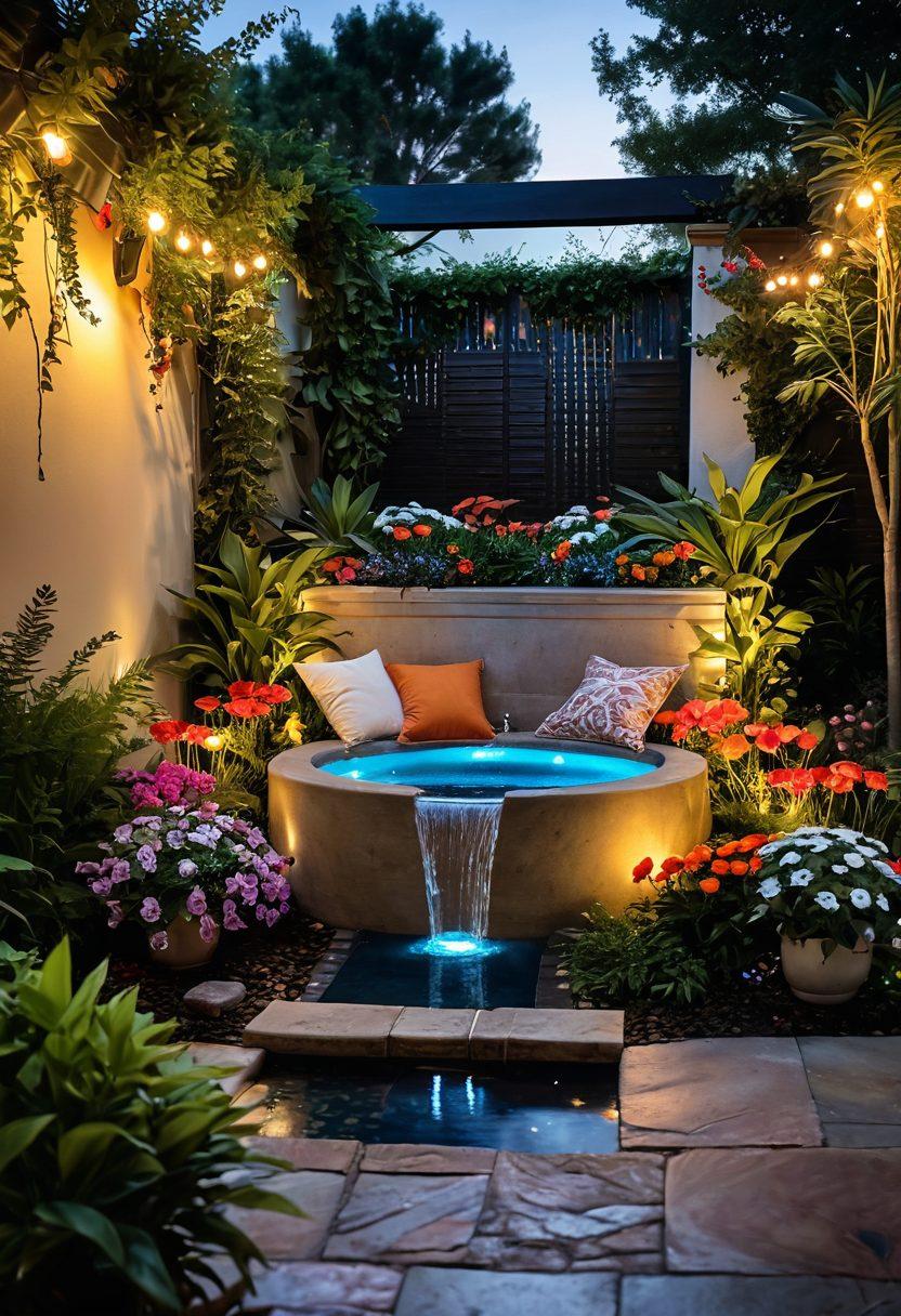 A serene outdoor space featuring a cozy seating area surrounded by lush greenery, colorful flowers, and twinkling fairy lights. A small fountain adds a calming water sound, and vibrant cushions create a welcoming atmosphere. A sunset in the background bathes the scene in warm hues, inviting tranquility and joy. super-realistic. vibrant colors. soft lighting.