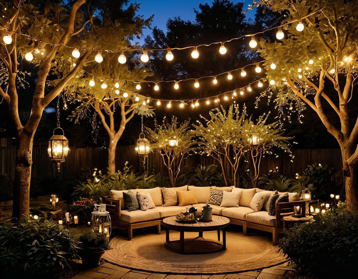 A beautiful garden at dusk, illuminated by various creative outdoor lighting designs including whimsical fairy lights, elegant lanterns, and stylish sconces. The scene captures the warmth and joy of outdoor gatherings, with soft glowing orbs hanging from trees and a cozy seating area bathed in golden light. Stars twinkle above, enhancing the enchanting atmosphere. vibrant colors. super-realistic.