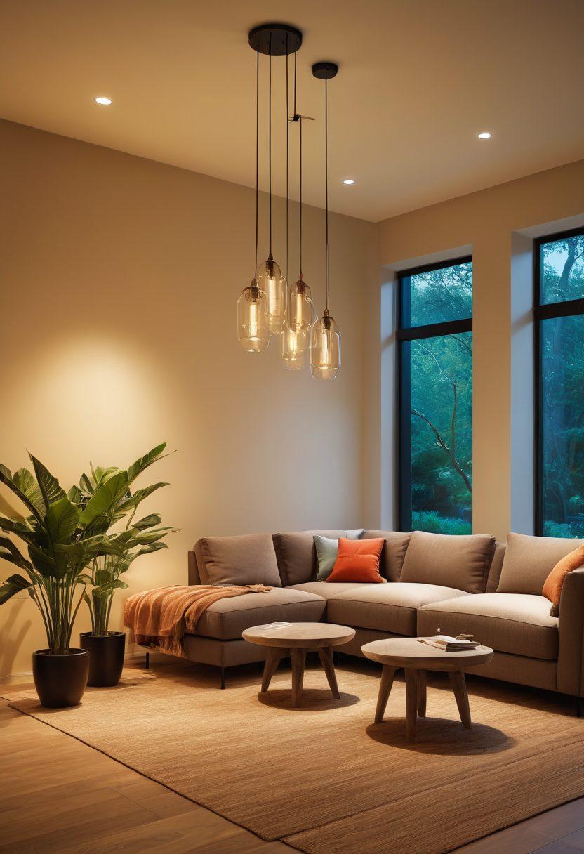 A serene room bathed in warm, ambient light from innovative energy-efficient and smart lighting fixtures. Show elegant pendant lights and chic floor lamps that seamlessly blend with stylish decor. Include a digital smart home interface displaying lighting options. Natural elements like plants add a touch of freshness. The scene radiates comfort and modernity. vibrant colors. super-realistic.